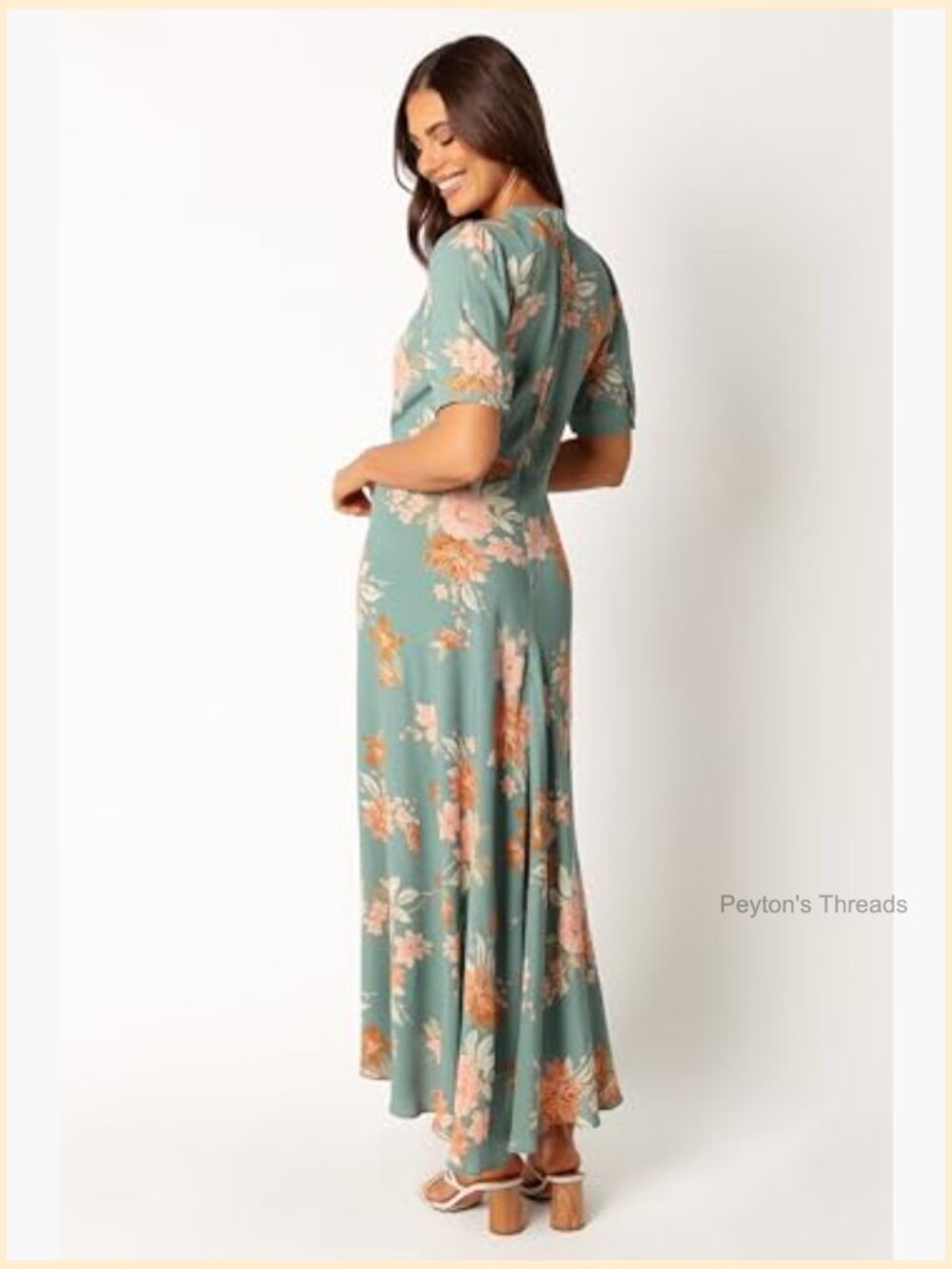 Midi A-Line Dress with V-Neck, Short Sleeves, Front Buttons, Side Split - Picture 4 of 7